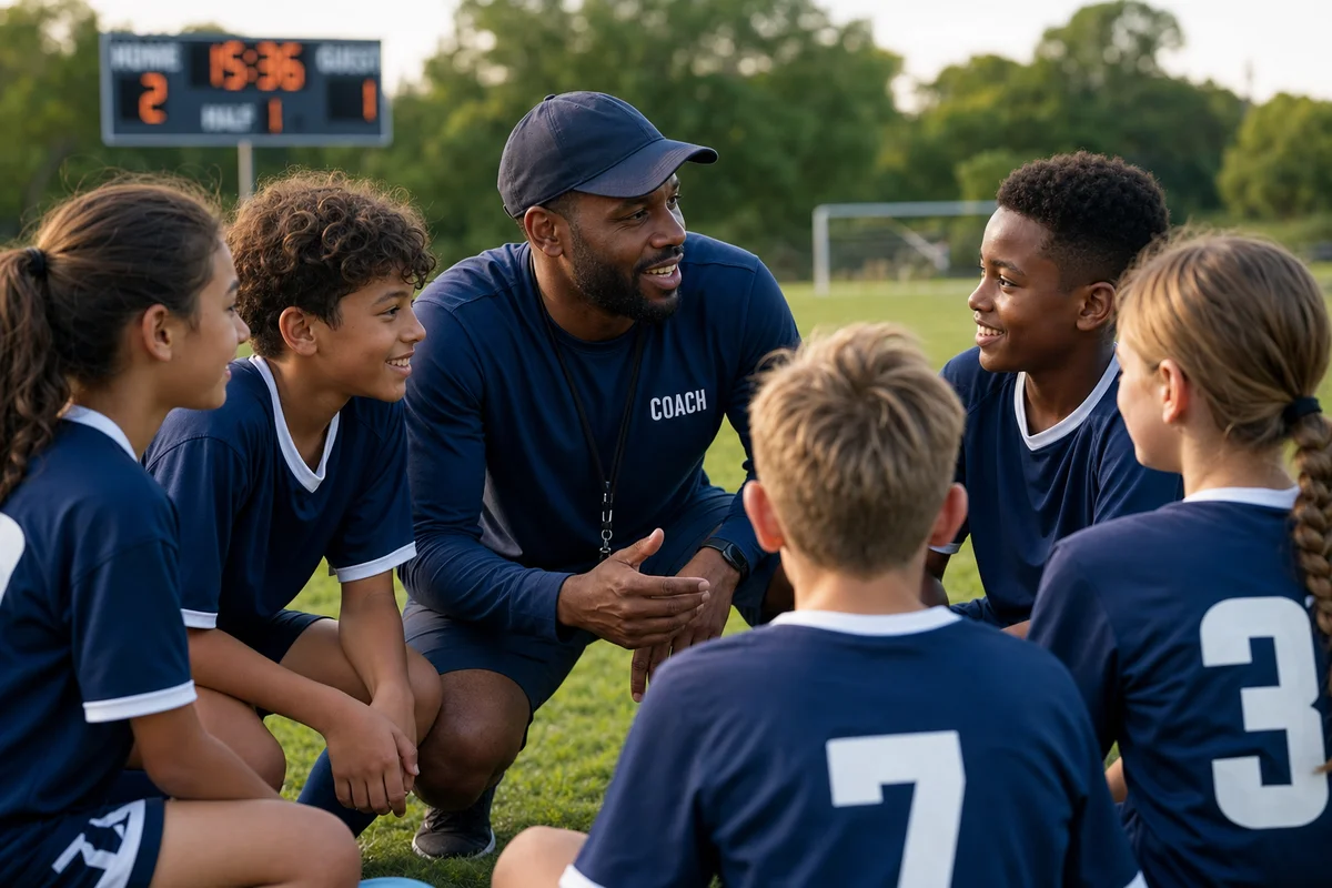 Coach mentoring a huddle of young athletes on the field