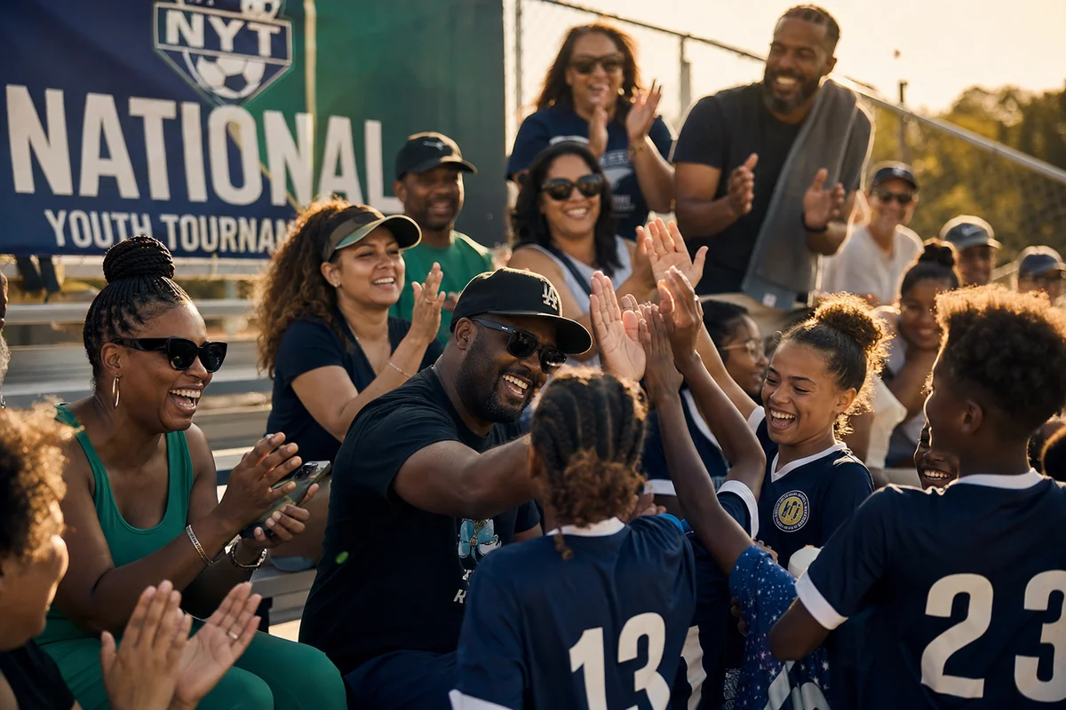 Families and coaches celebrating together at a youth tournament
