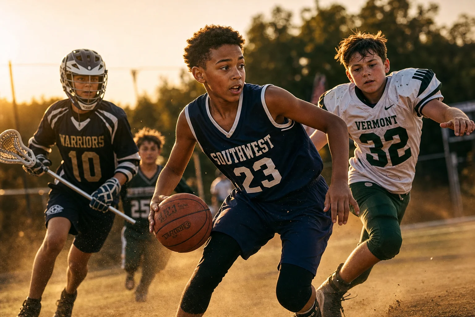 Kids playing basketball, football, and lacrosse on a field at golden hour